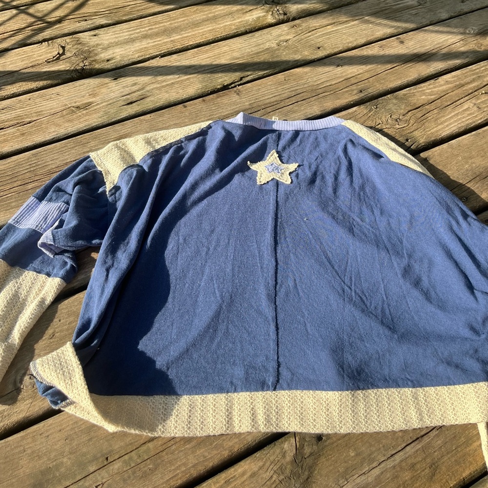 POL Sweater Womens Med Blue & Cream Patchwork Stars Boutique Long Sleeve Top - Picture 4 of 11
